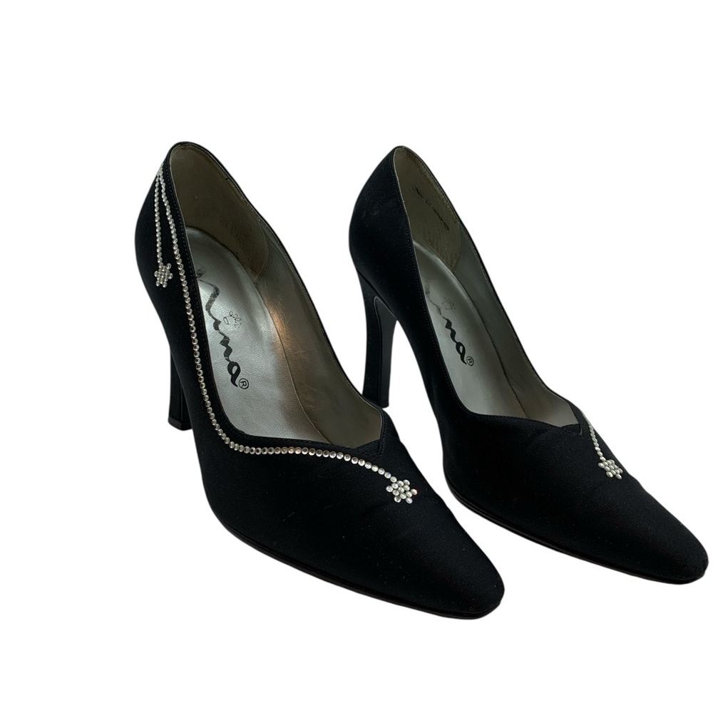 Nina Elegant Black Satin Stilettos Heels with Rhinestone Accents